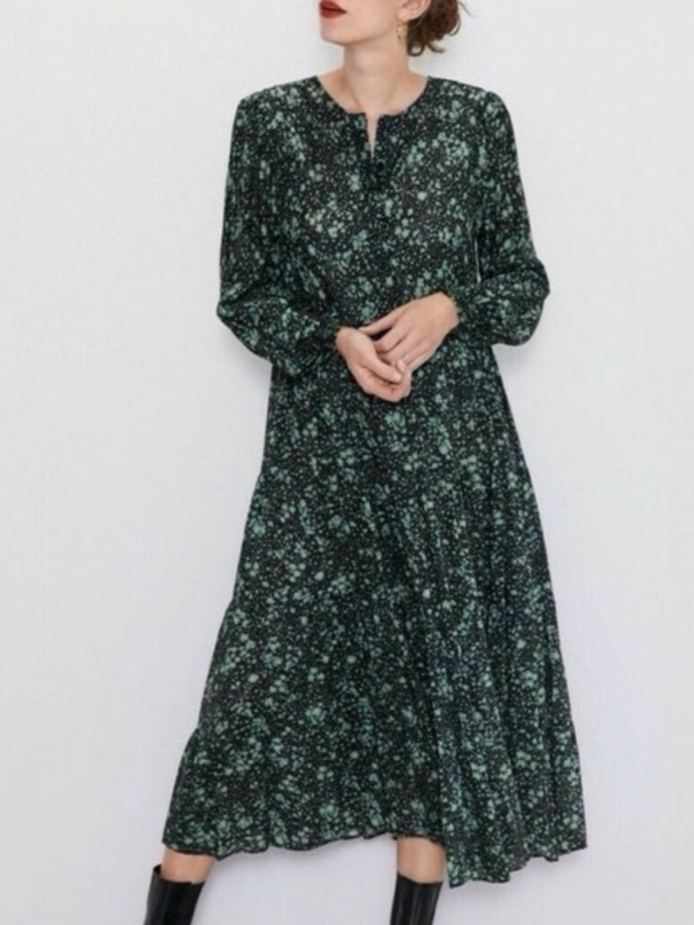 Zara Angel Prairie Blossom Midi Dress - Green/Black Floral, Size XL